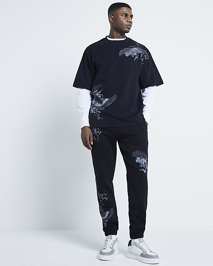 Black Regular Fit Crane Print Joggers