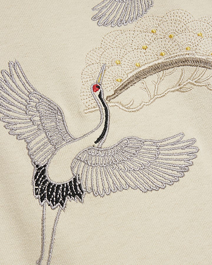 White Regular Fit Crane Embroidered T-Shirt