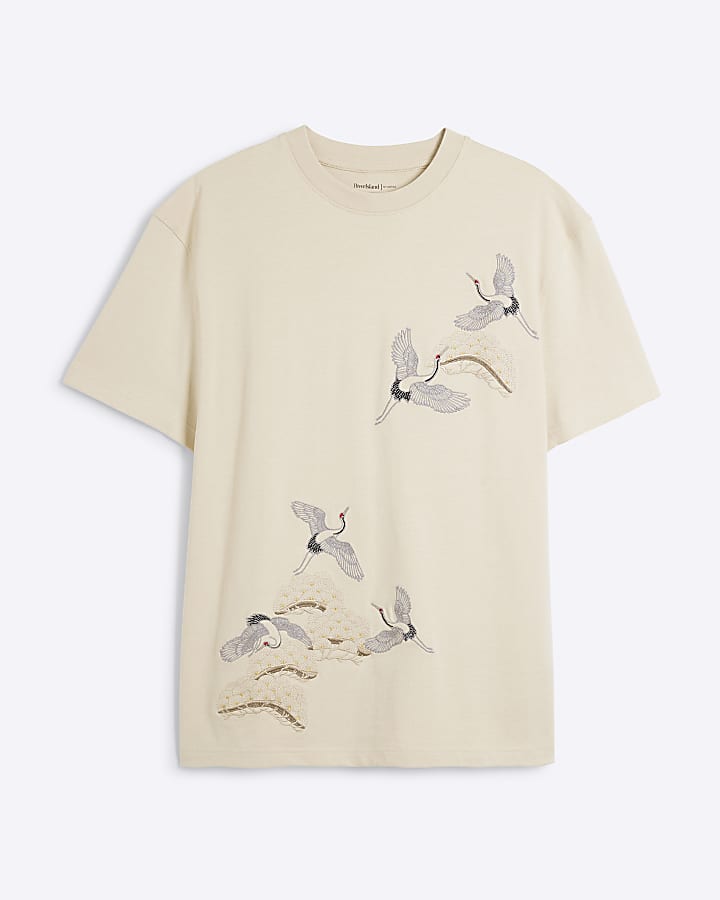 White Regular Fit Crane Embroidered T-Shirt