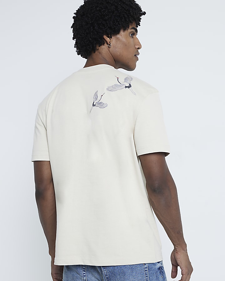 White Regular Fit Crane Embroidered T-Shirt