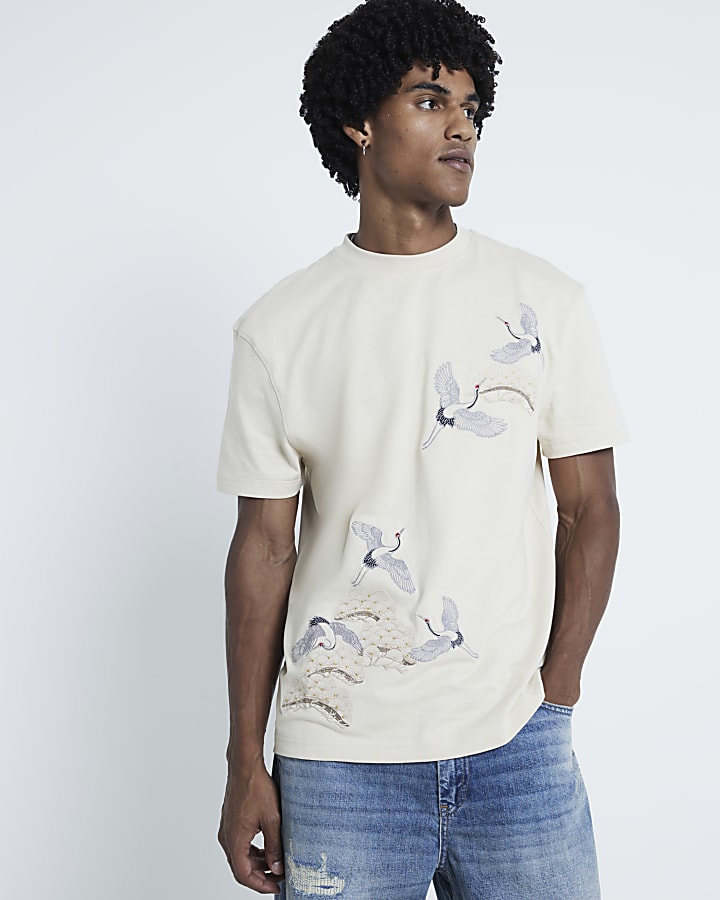 White Regular Fit Crane Embroidered T-Shirt