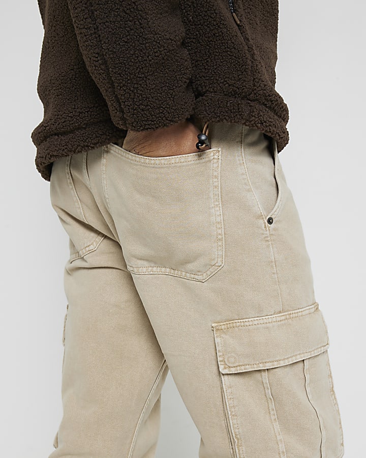 Stone Denim Washed Cargo Trousers