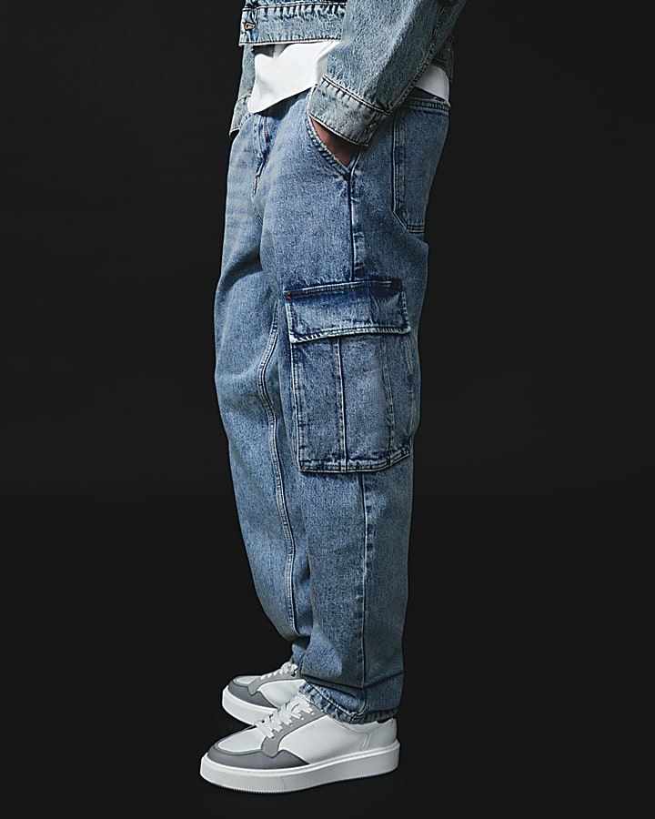 Blue Denim Cargo Washed Jeans