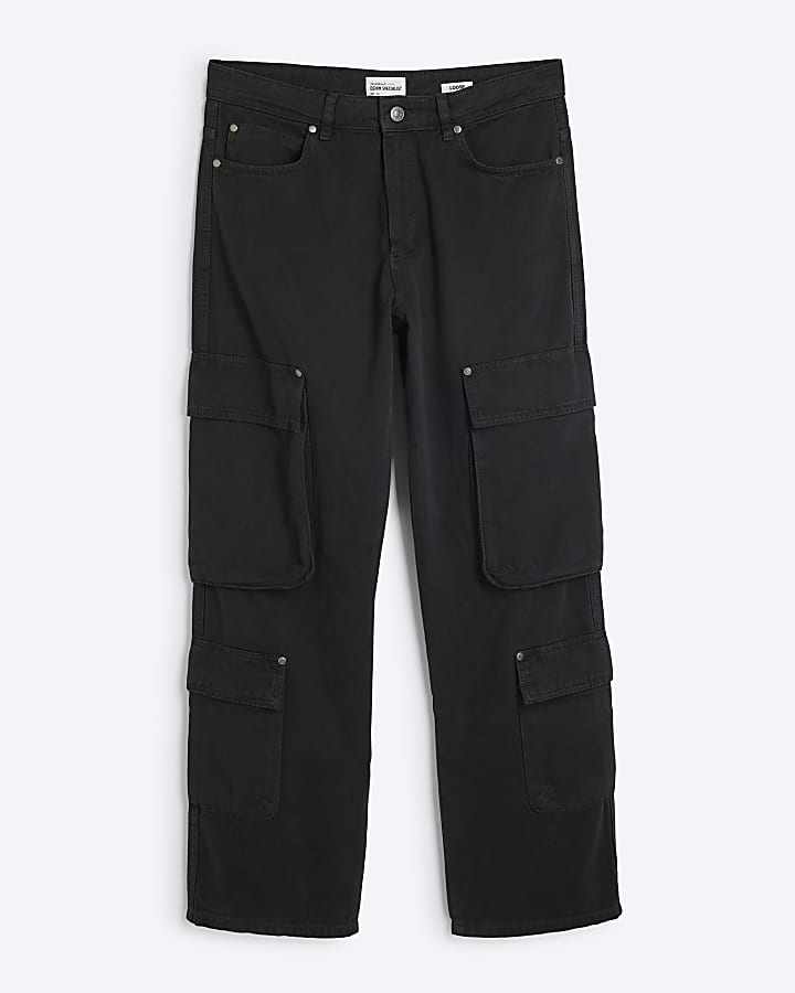 Black Denim Loose Fit Cargo Jeans