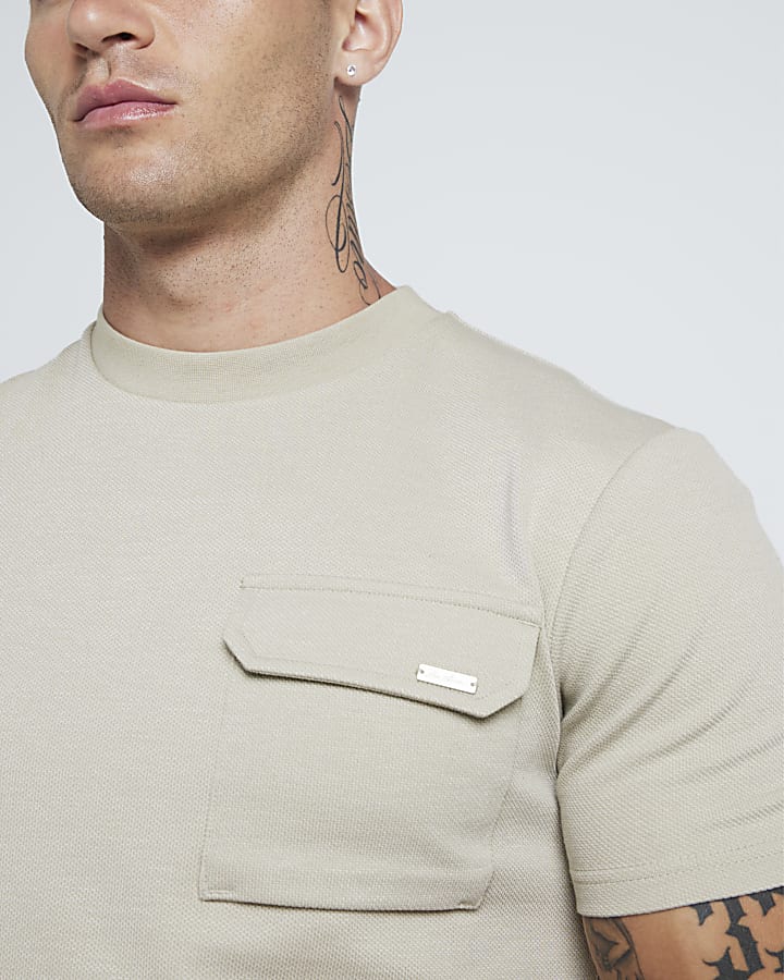 Beige Slim Fit Stretch Textured T-shirt