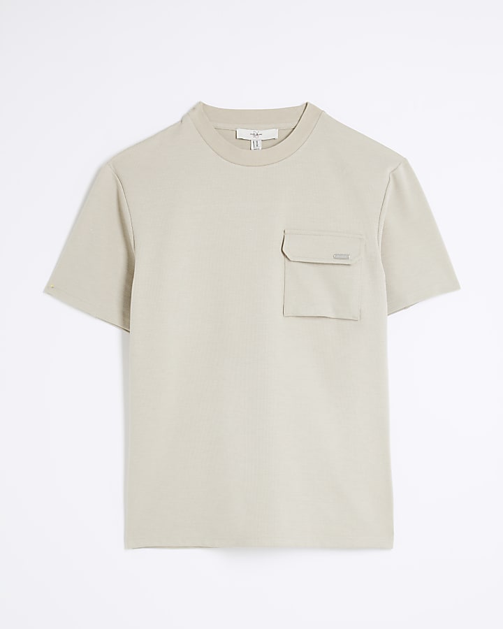 Beige Slim Fit Stretch Textured T-shirt