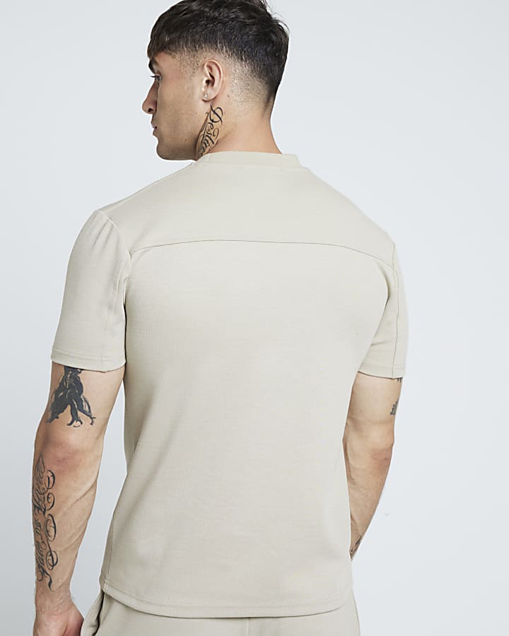 Beige Slim Fit Stretch Textured T-shirt