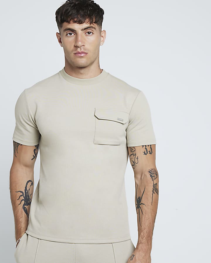 Beige Slim Fit Stretch Textured T-shirt