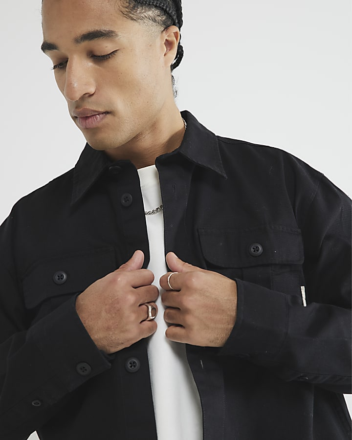 Black Pleated Pocket Over Shirt