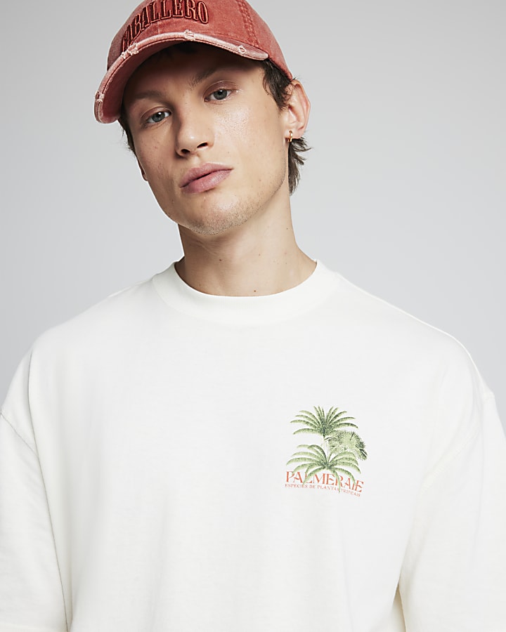 Beige oversized fit palm tree graphic t-shirt