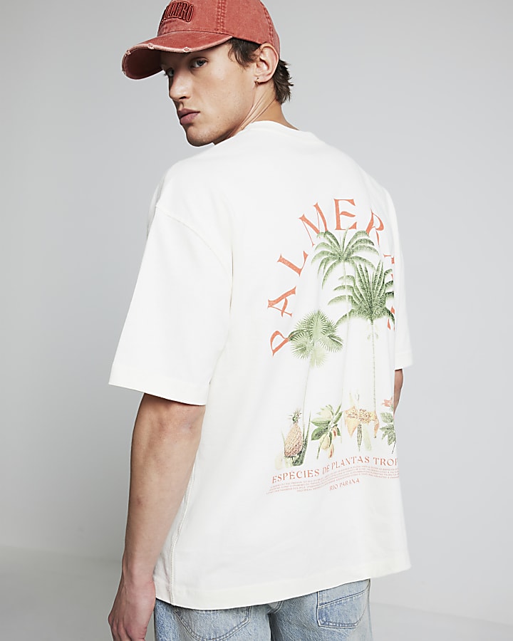 Beige oversized fit palm tree graphic t-shirt