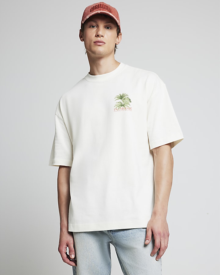 Beige oversized fit palm tree graphic t-shirt