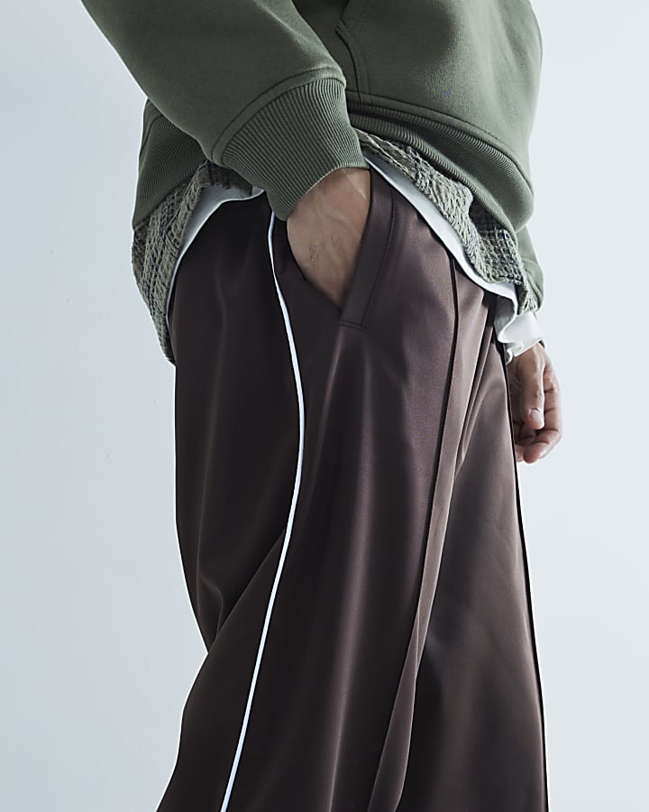 Brown Regular Fit Piped Open Hem Joggers