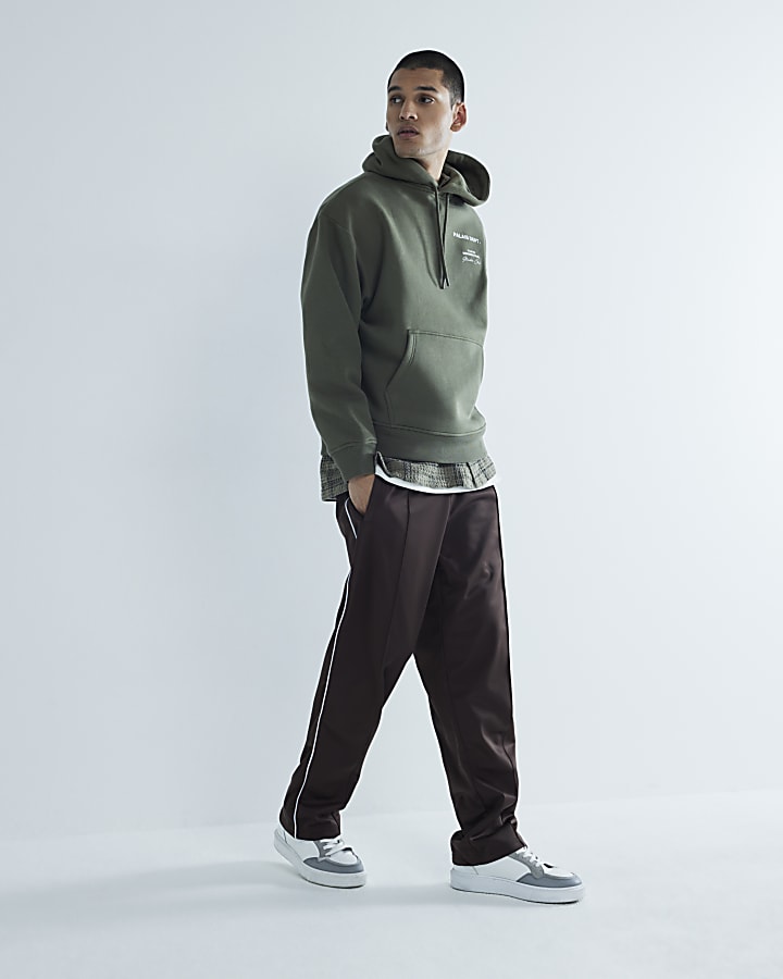 Brown Regular Fit Piped Open Hem Joggers