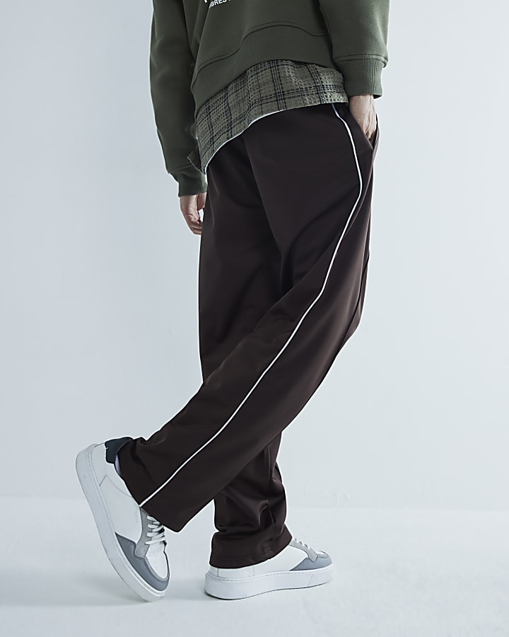 Brown Regular Fit Piped Open Hem Joggers