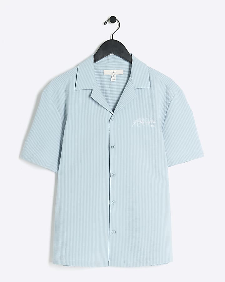 Blue regular fit embroidered revere shirt