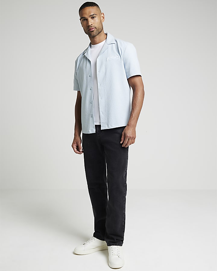 Blue regular fit embroidered revere shirt