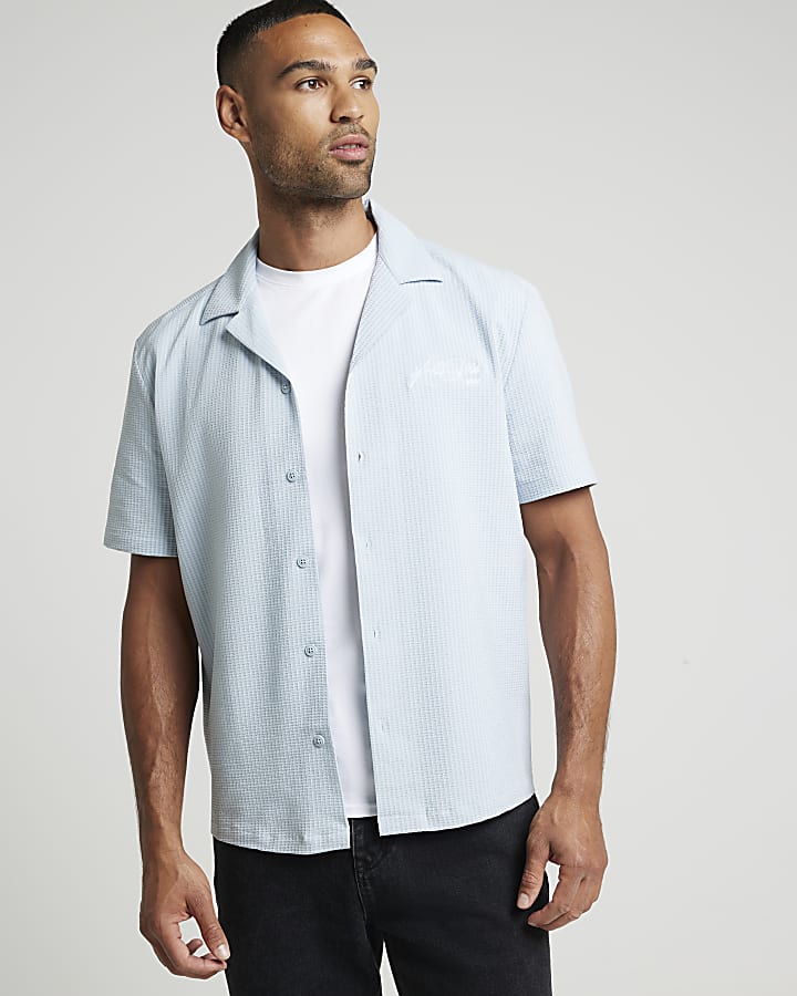 Blue regular fit embroidered revere shirt