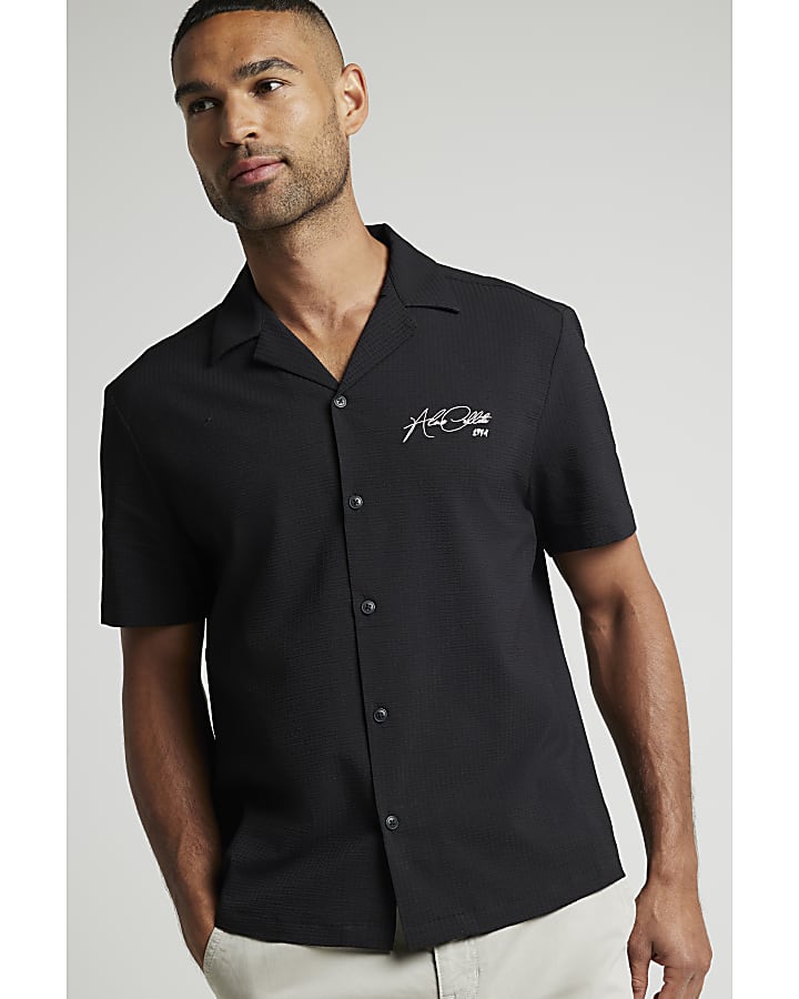 Black regular fit embroidered revere shirt