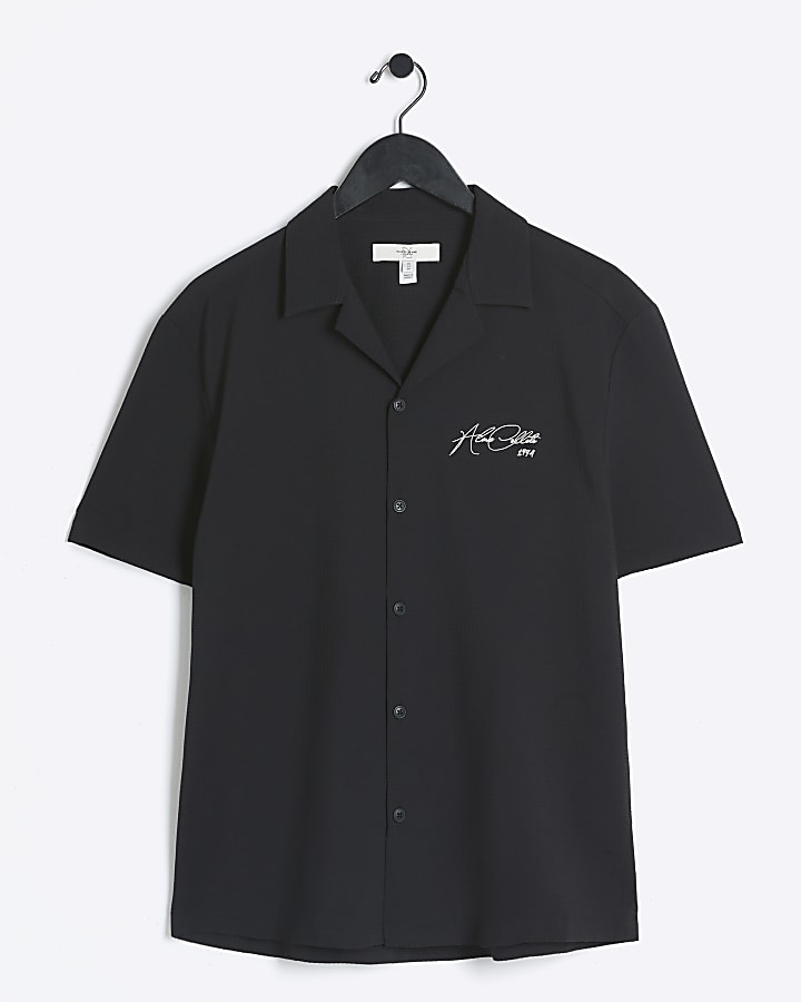 Black regular fit embroidered revere shirt