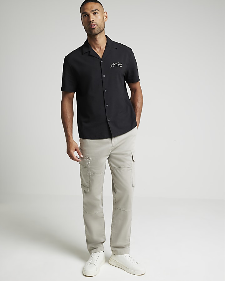 Black regular fit embroidered revere shirt