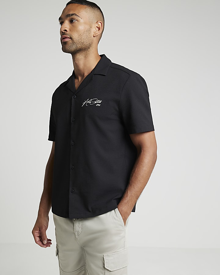 Black regular fit embroidered revere shirt