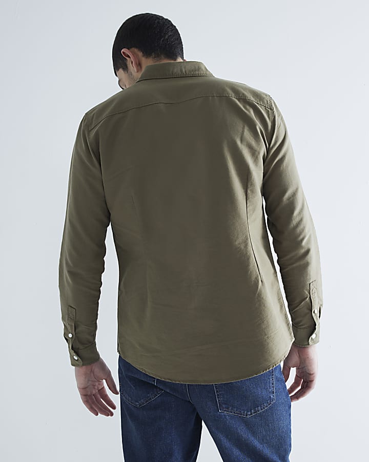 Khaki Long Sleeve Embroidery Oxford Shirt