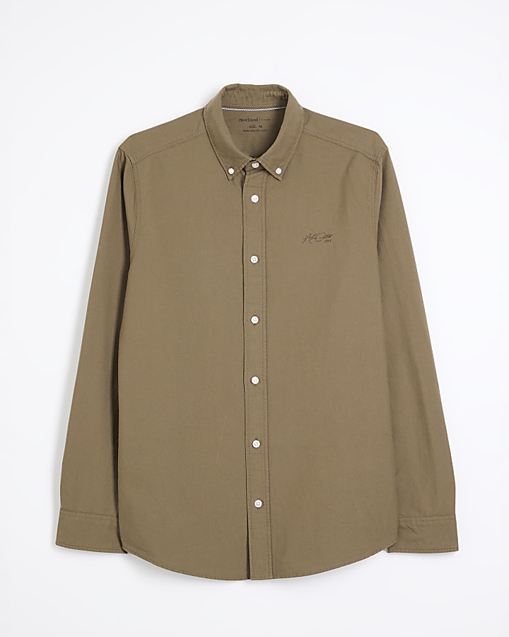 Khaki Long Sleeve Embroidery Oxford Shirt