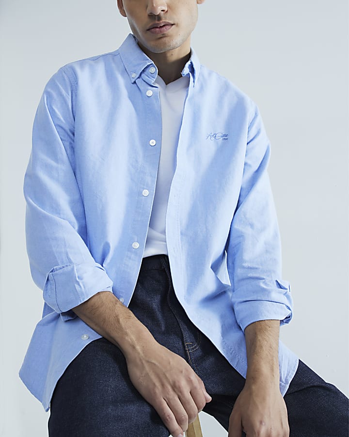 Blue Long Sleeve Embroidered Oxford Shirt