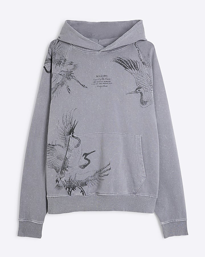 Grey Long Sleeve Japanese Graphic Hoodie