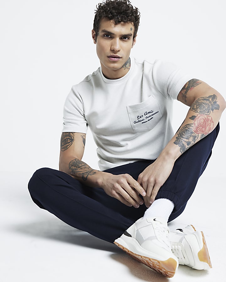 Cream Muscle Pinstripe Embroidered T-Shirt