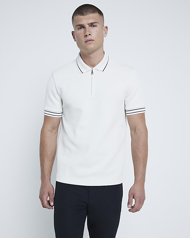 Beige Slim Fit Quilted Polo Shirt