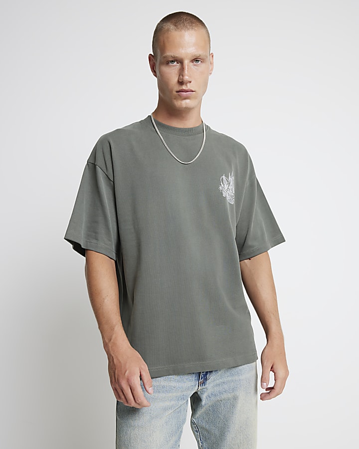 Khaki Oversized fit Embroidered T-shirt