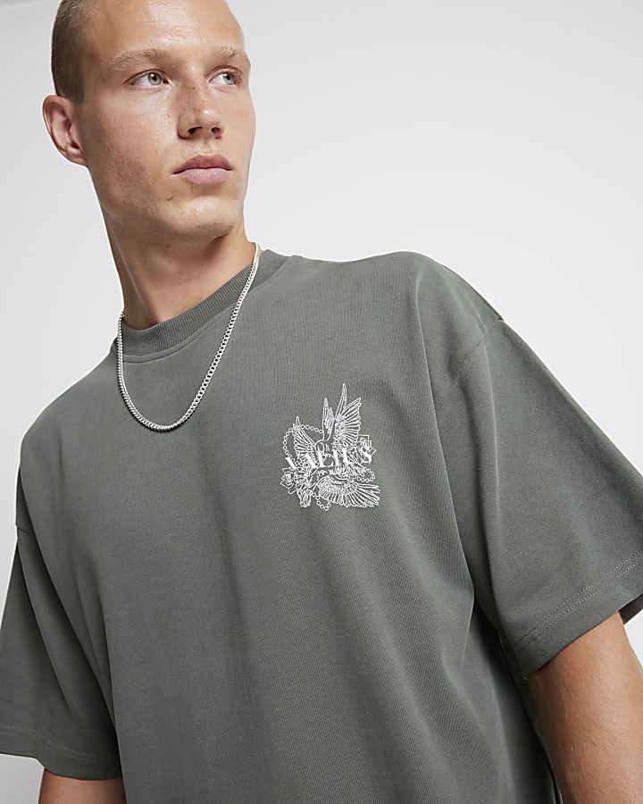 Khaki Oversized fit Embroidered T-shirt