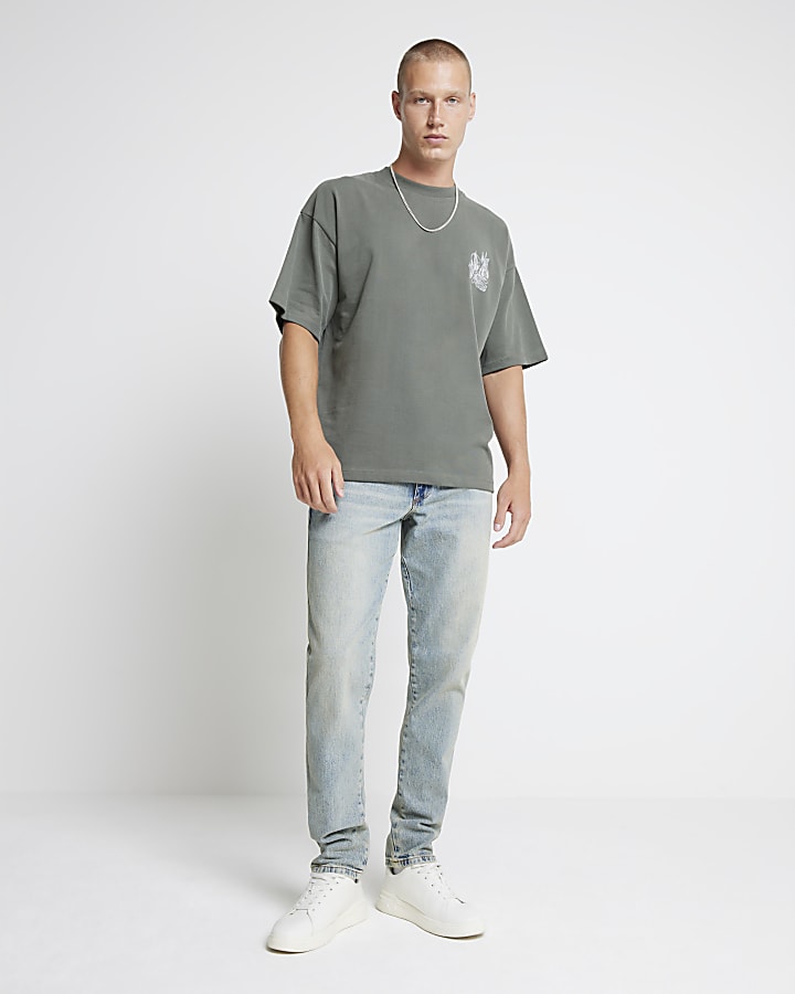 Khaki Oversized fit Embroidered T-shirt