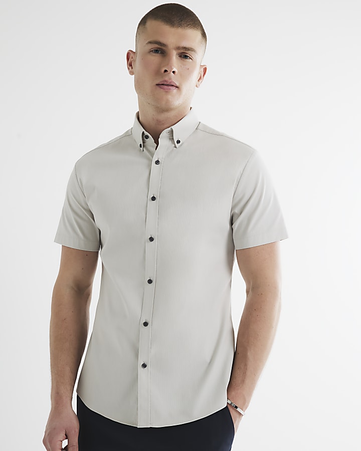 Grey Muscle Fit Textured Shirt