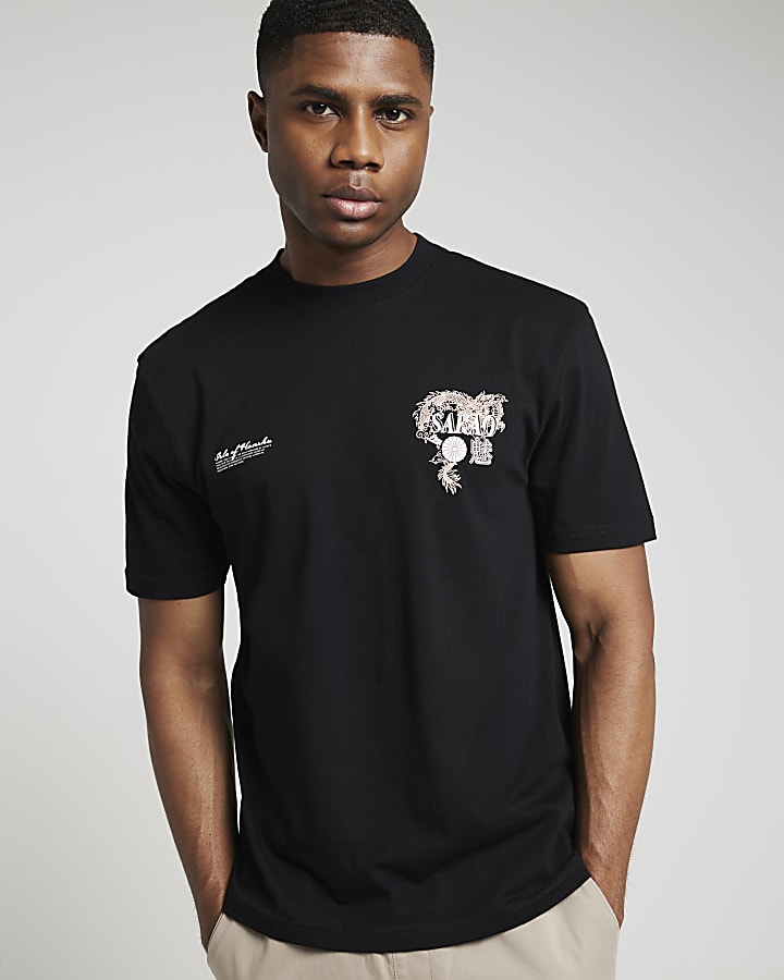 Black regular fit dragon graphic t-shirt