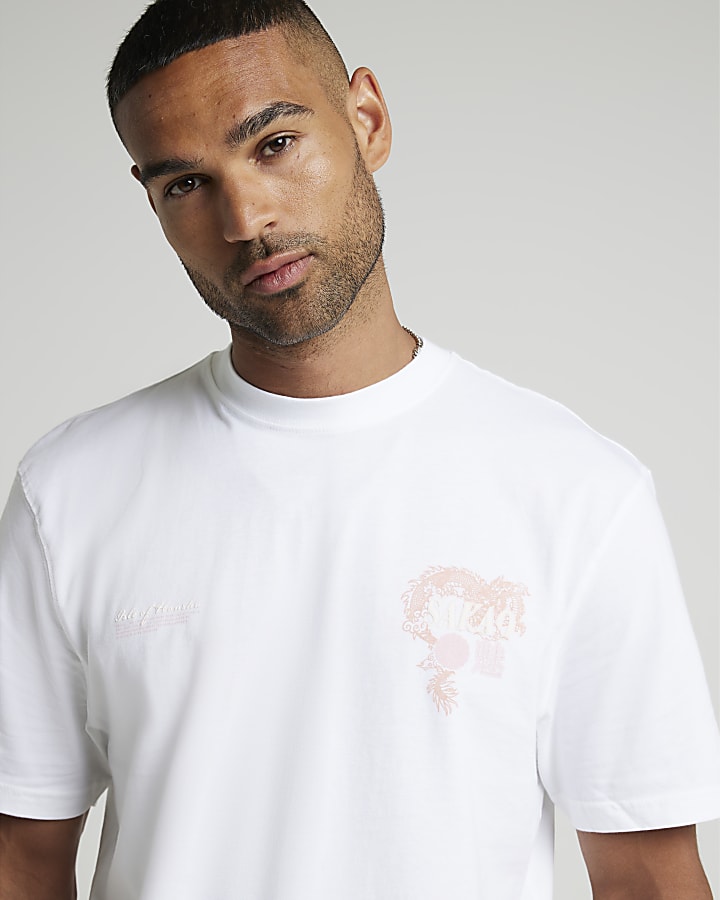 White regular fit dragon graphic t-shirt