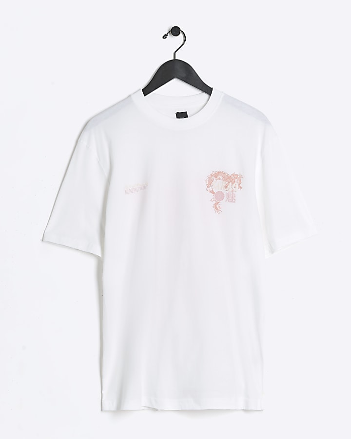 White regular fit dragon graphic t-shirt