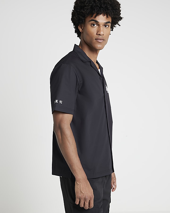 Black regular fit graphic revere shirt