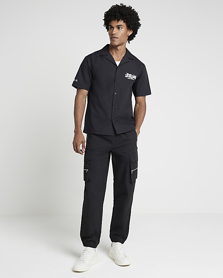 Black regular fit graphic revere shirt