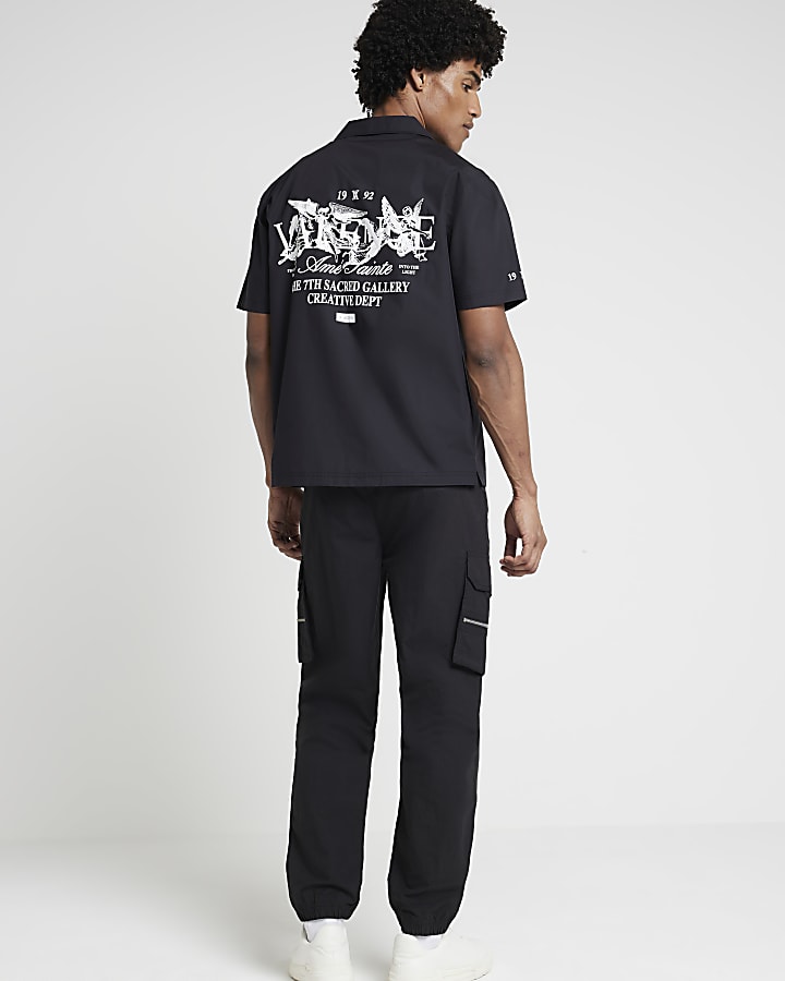 Black regular fit graphic revere shirt