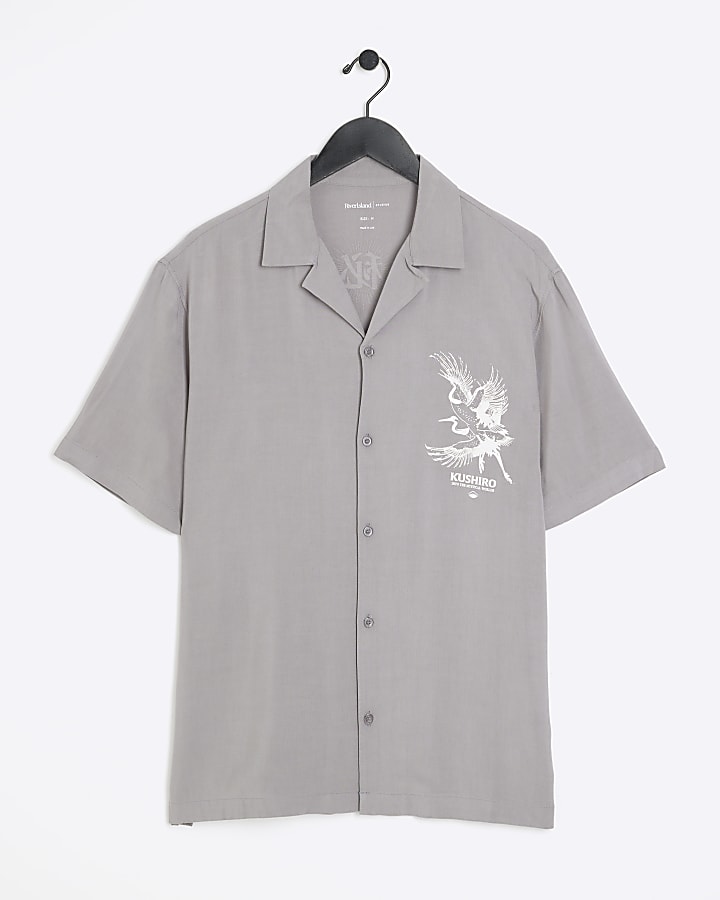 Grey regular fit crane graphic revere shirt