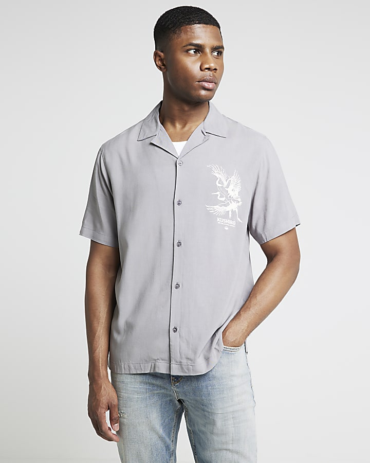 Grey regular fit crane graphic revere shirt