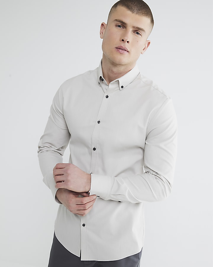 Grey Textured Muscle fit stretch Shirt