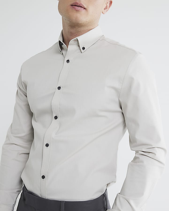 Grey Textured Muscle fit stretch Shirt