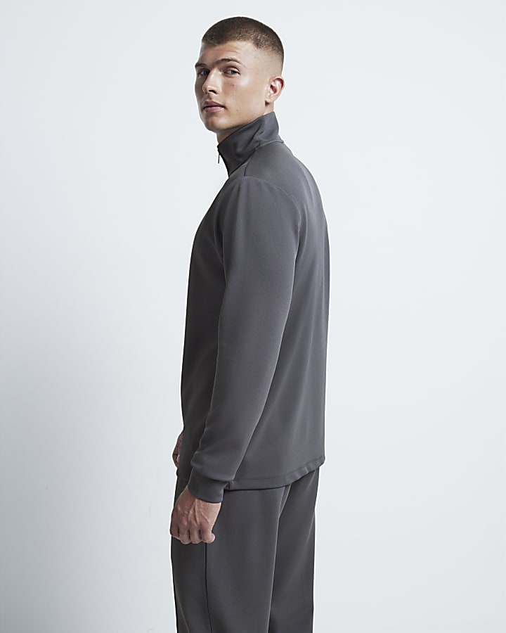 Grey slim fit twill stretch funnel sweatshirt