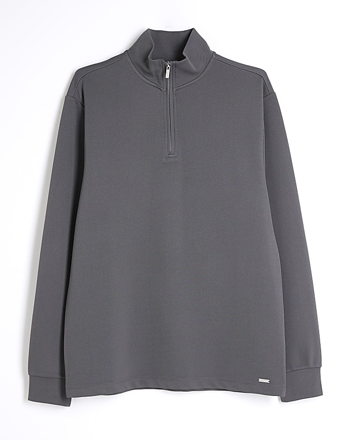 Grey slim fit twill stretch funnel sweatshirt