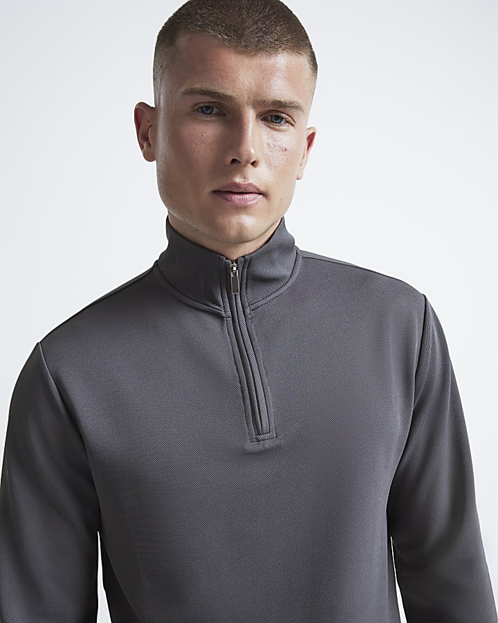Grey slim fit twill stretch funnel sweatshirt