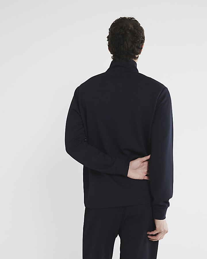 Navy slim fit twill stretch funnel sweatshirt